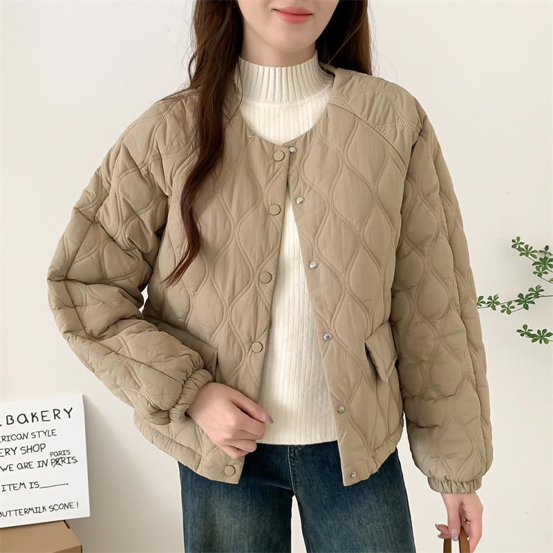 韩版菱形格小棉衣外套女纯色洋气减龄简约轻薄棉服2025秋冬季新款