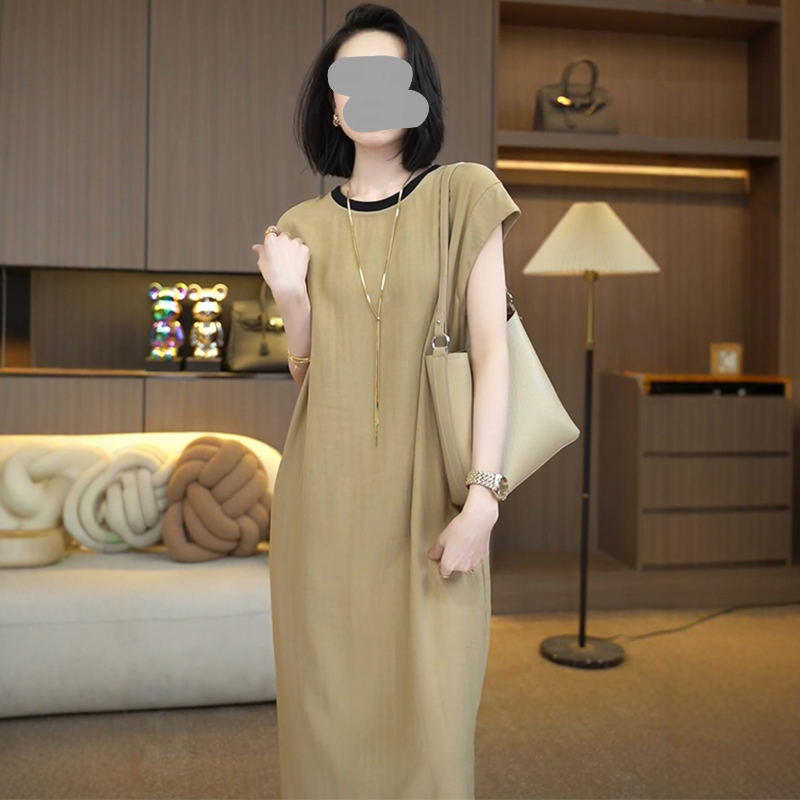 欧货小飞袖撞色小圆领遮肉连衣裙女夏季2025夏季灰蓝小飞袖连衣裙