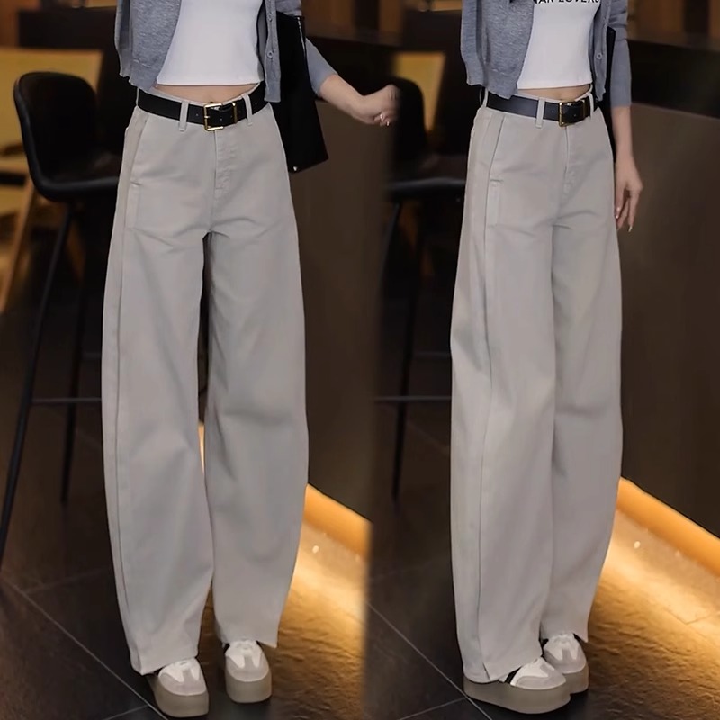 高级感窄版弯刀裤女2025春季新款高腰显瘦垂感莫兰迪灰阔腿牛仔裤