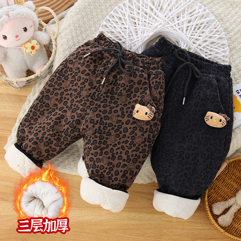 儿童卡通kt猫豹纹印花三层加厚裤子学生百搭女童超厚一条过冬卫裤