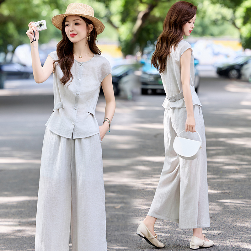 韩系气质设计感套装女2025夏季新款休闲时尚宽松高腰阔腿裤两件套