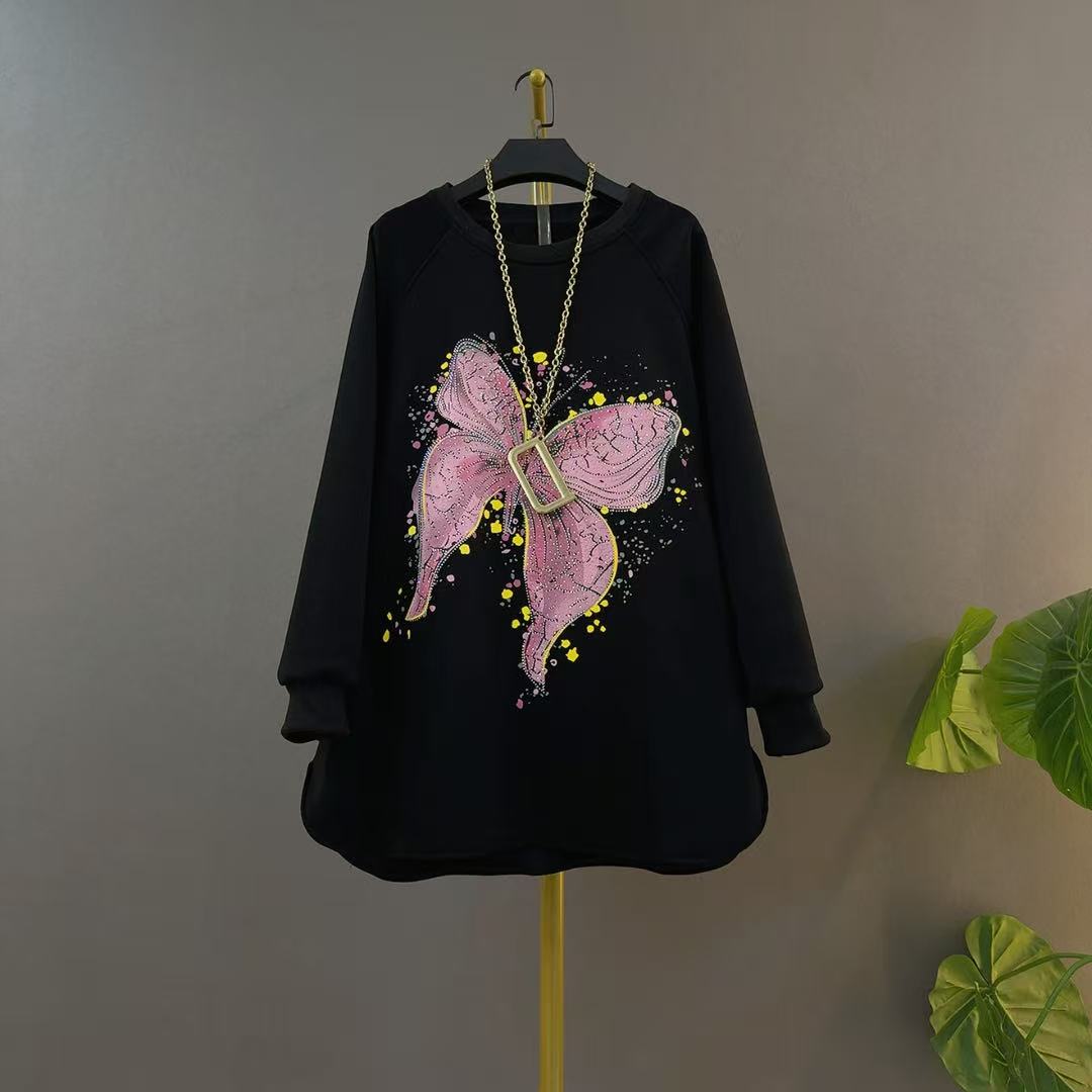 长款圆领常规中长款蝴蝶卫衣打底宽松时尚国风大码遮肉中长款卫衣