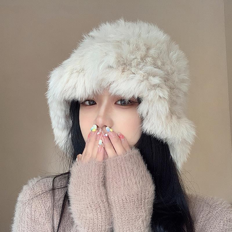 兔毛帽子女秋冬款2023新款加厚毛线帽显脸小护耳毛绒渔夫帽
