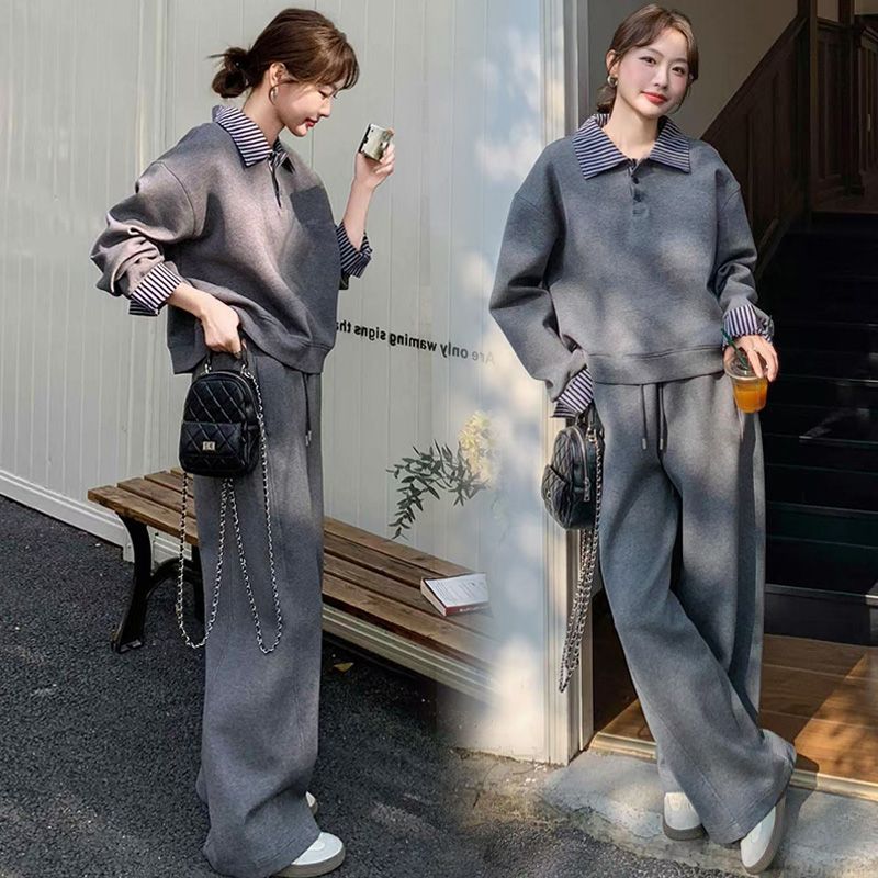 2025孕妇装春秋新款设计感洋气翻领拼接卫衣阔腿裤孕妇两件套