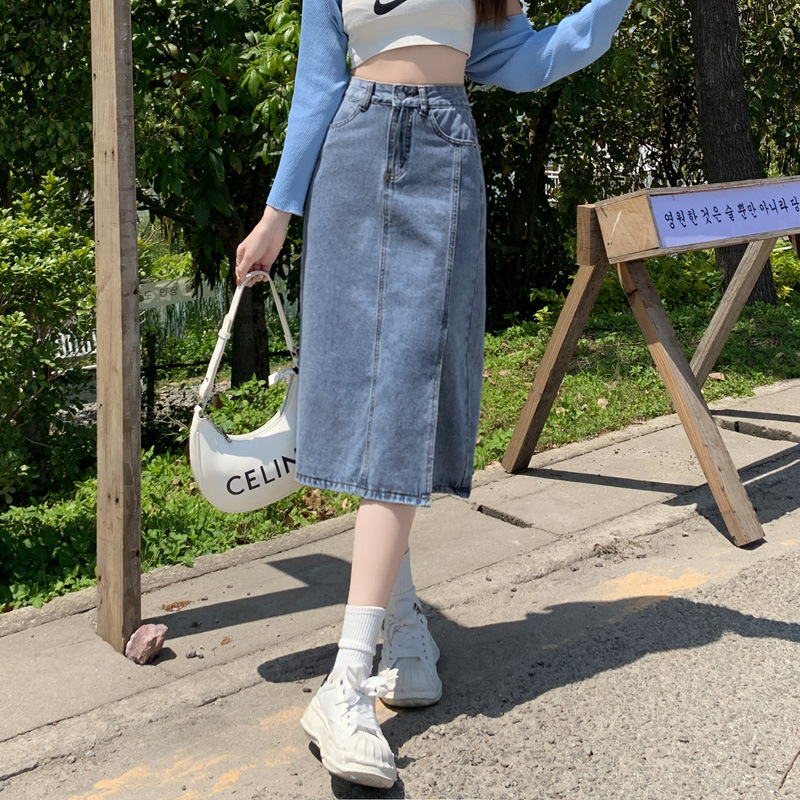 009侧开叉甜美清新风浅蓝色牛仔半身裙女2022春夏小个子高腰中长
