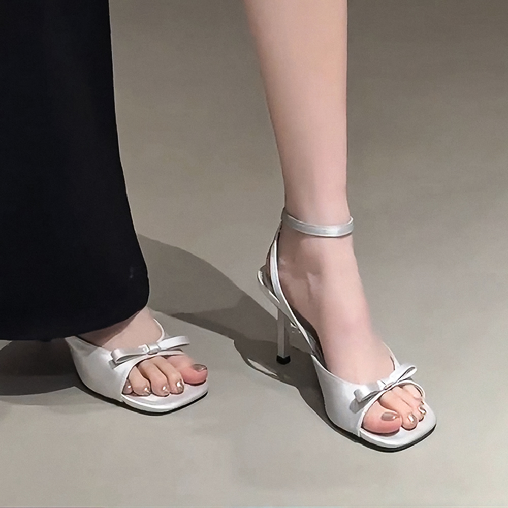绝美高跟凉鞋细跟外穿2025欧若风一字带蝴蝶结夏季配裙子的凉鞋