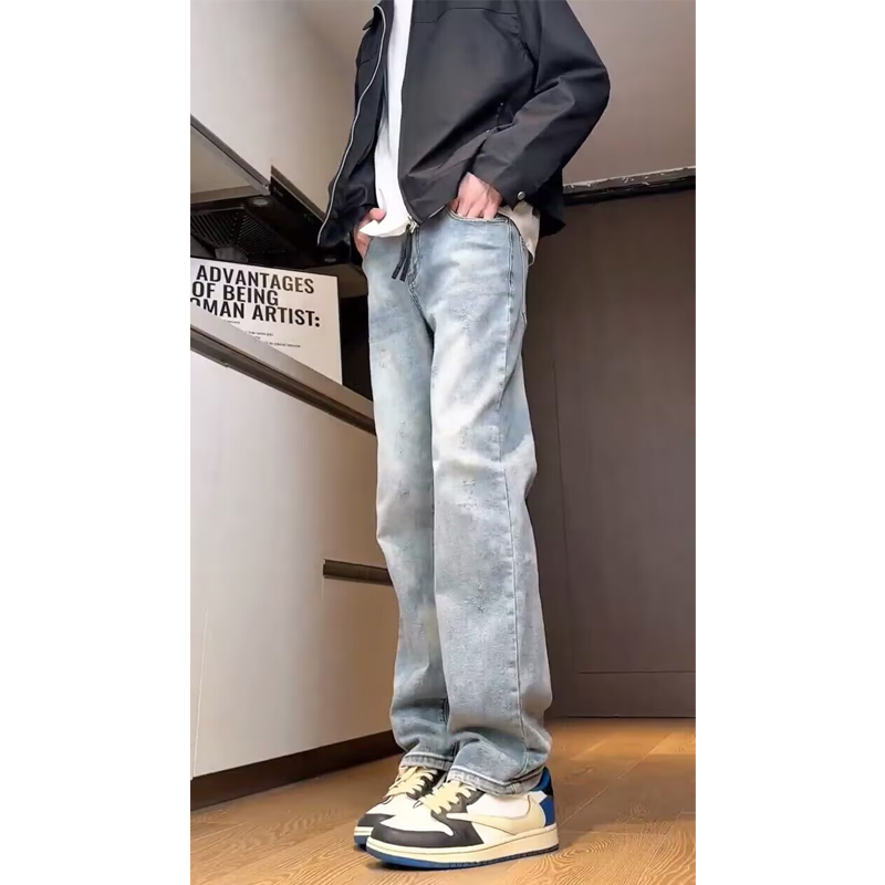 高端潮牌复古水洗蓝牛仔裤男秋冬直筒百搭宽松猫须纹阔腿休闲裤子