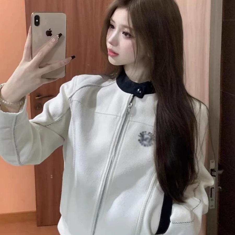 小香风圆领拼色刺绣夹克棒球服短外套女春季新款修身显瘦休闲上衣