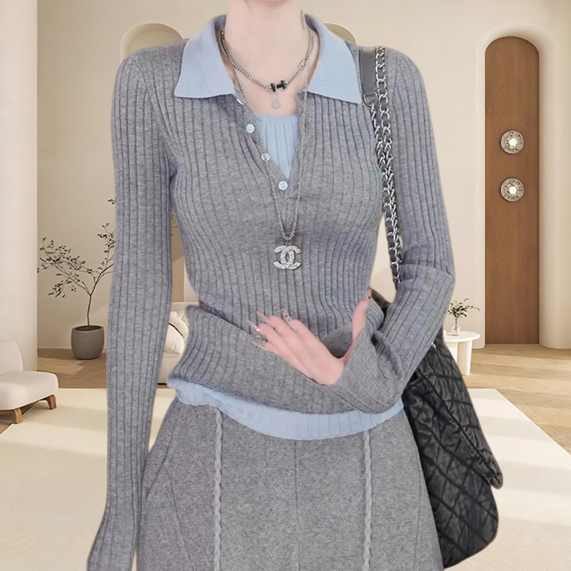 浅灰色假两件撞色针织上衣2025秋冬内搭毛衣洋气收腰打底衫上衣女