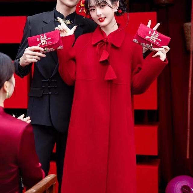 红色气质毛呢外套新娘礼服外搭小个子加棉加厚大衣女秋冬敬酒服