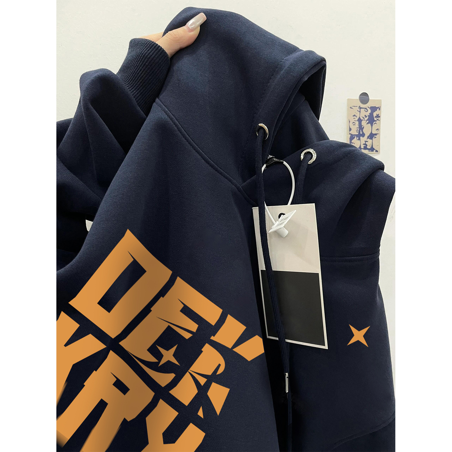 美式潮牌几何字母印花宽松连帽卫衣男女秋冬季百搭休闲情侣款上衣