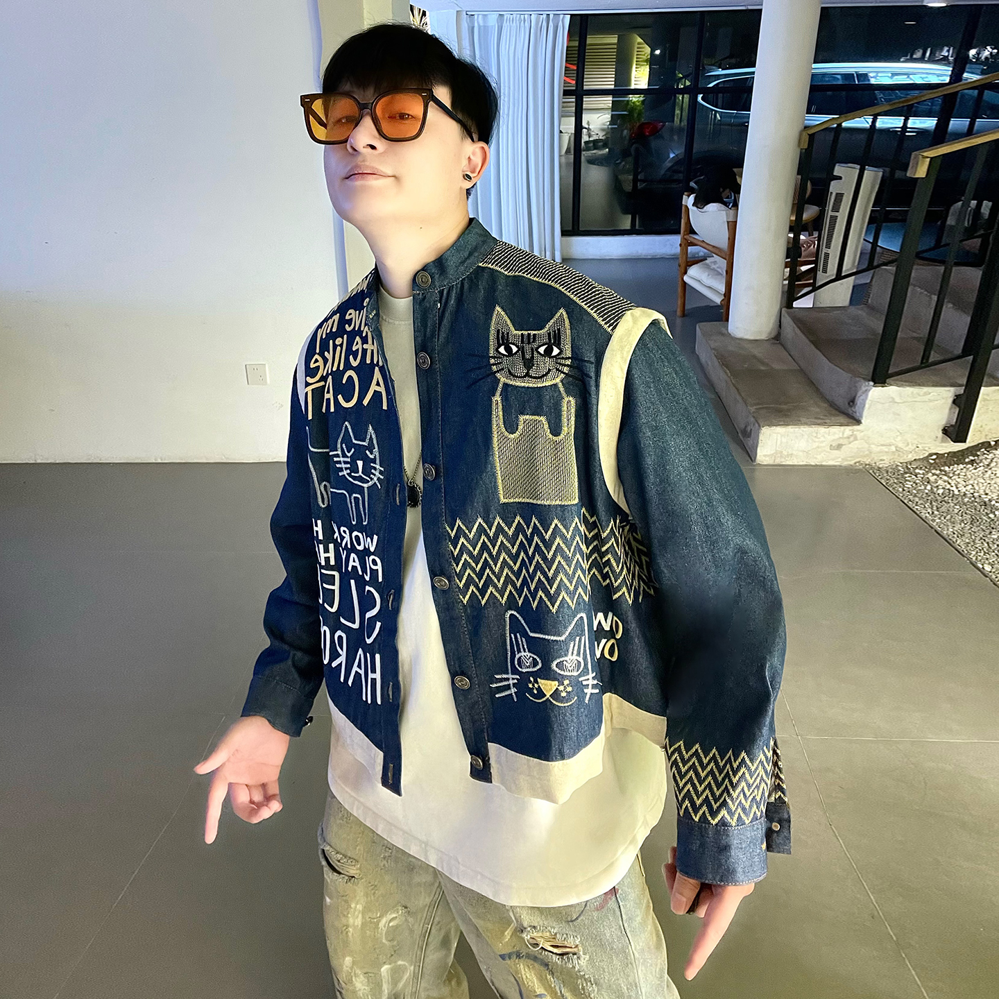 卡通小猫咪刺绣牛仔外套男女美式复古vintage宽松立领夹克潮上衣