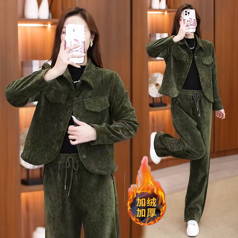 加绒加厚时尚休闲套装女2025冬季新款洋气质显瘦小个子两件套裤装