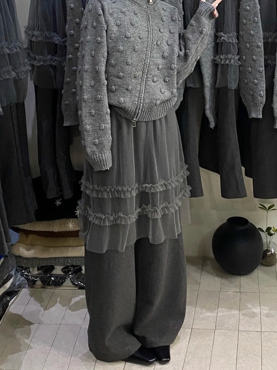 设计感小众灰色网纱屁帘直筒休闲裤女冬季独特超好看高腰显瘦裤子