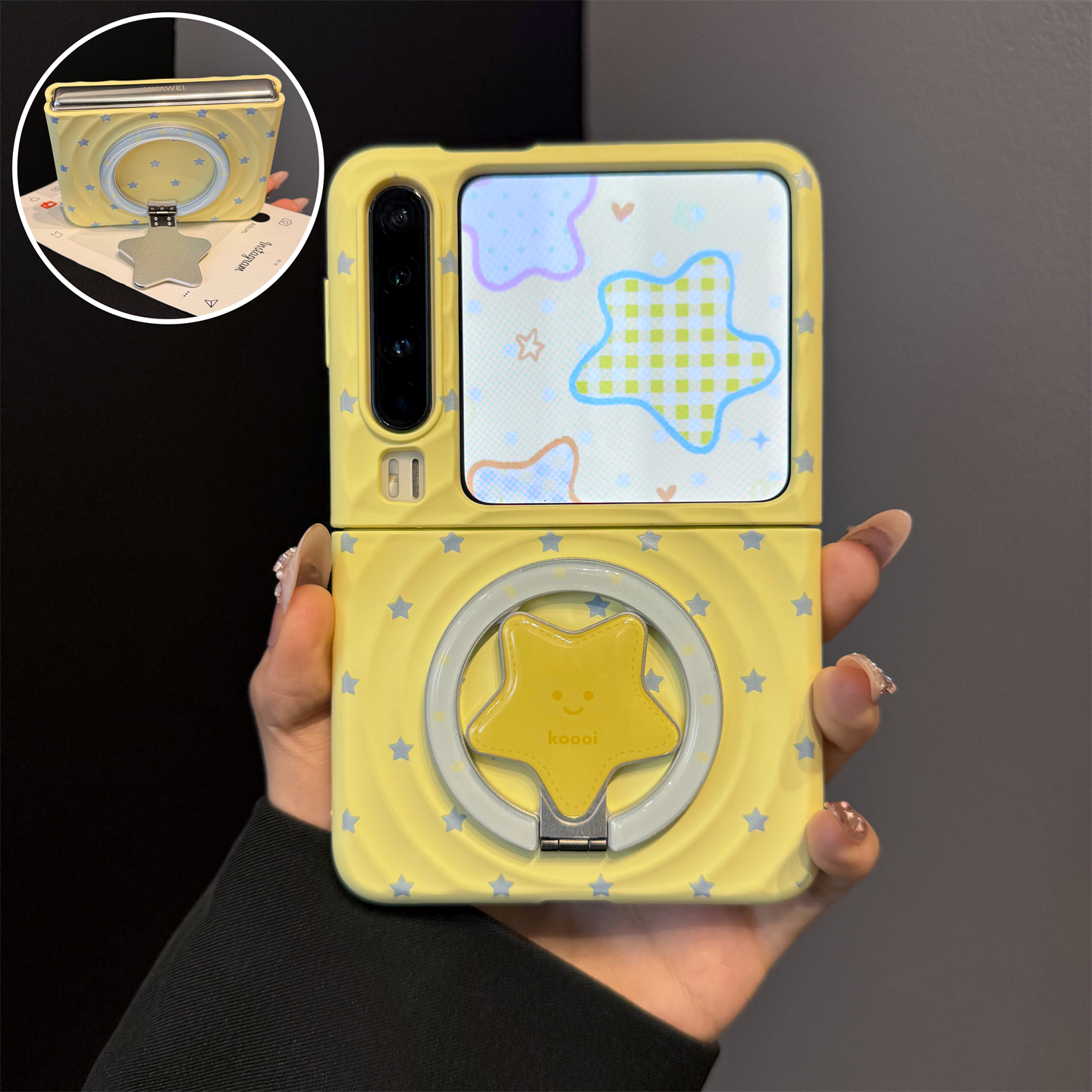适用华为purax典藏版折叠屏手机壳pocket2黄底星星波漾纹磁吸支架