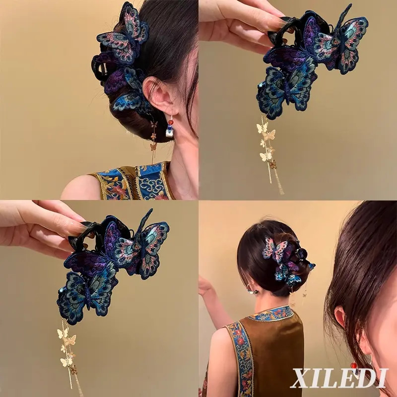 新中式蝴蝶流苏刺绣抓夹女高级感2025新款发夹后脑勺鲨鱼夹子头饰