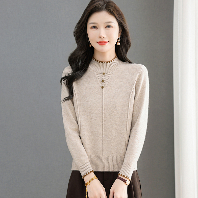厚款半高领针织衫毛衣女秋冬洋气时尚保暖女式打底衫纯色宽松上衣