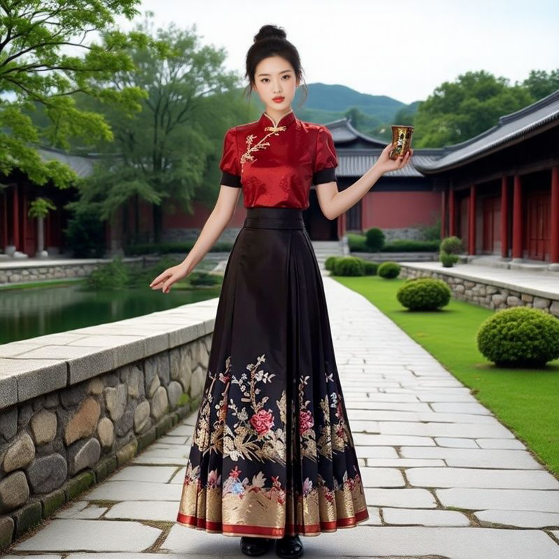 复古国风刺绣花上衣马面裙套装2025夏季新款红色短袖衬衣两件套女