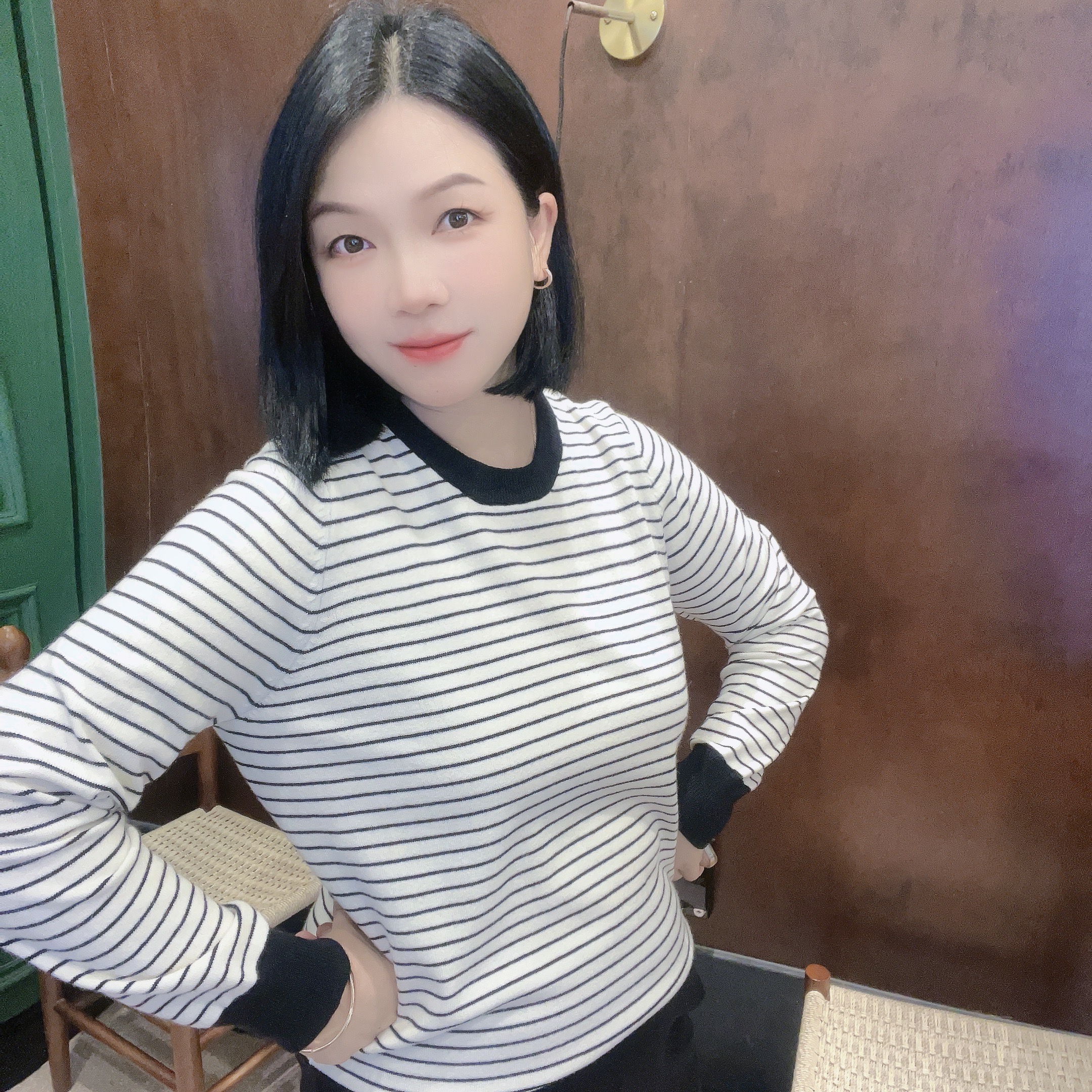 5501新款长袖圆领条纹【大米家】复古显瘦打底时尚加大针织运动休闲