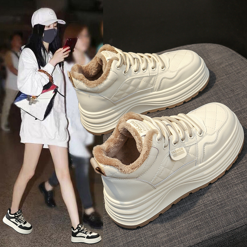 加绒高帮鞋女厚底小白鞋2025冬季新款百搭保暖棉鞋学生增高休闲鞋