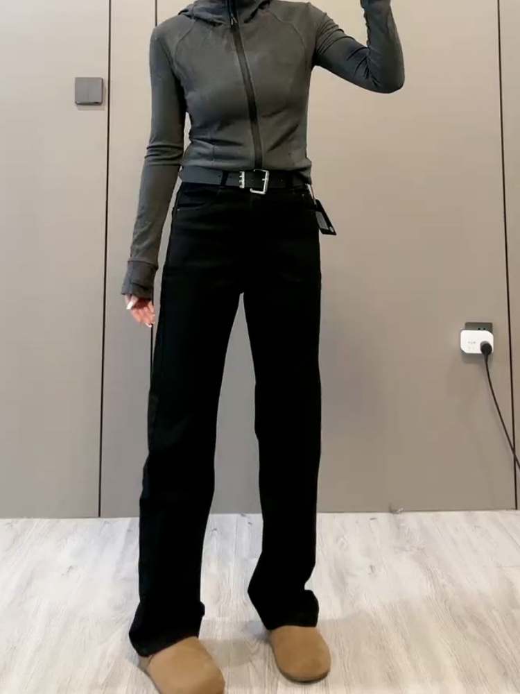 黑色大码2025秋冬加绒新款高腰弹力直筒牛仔裤显瘦窄版阔腿长裤