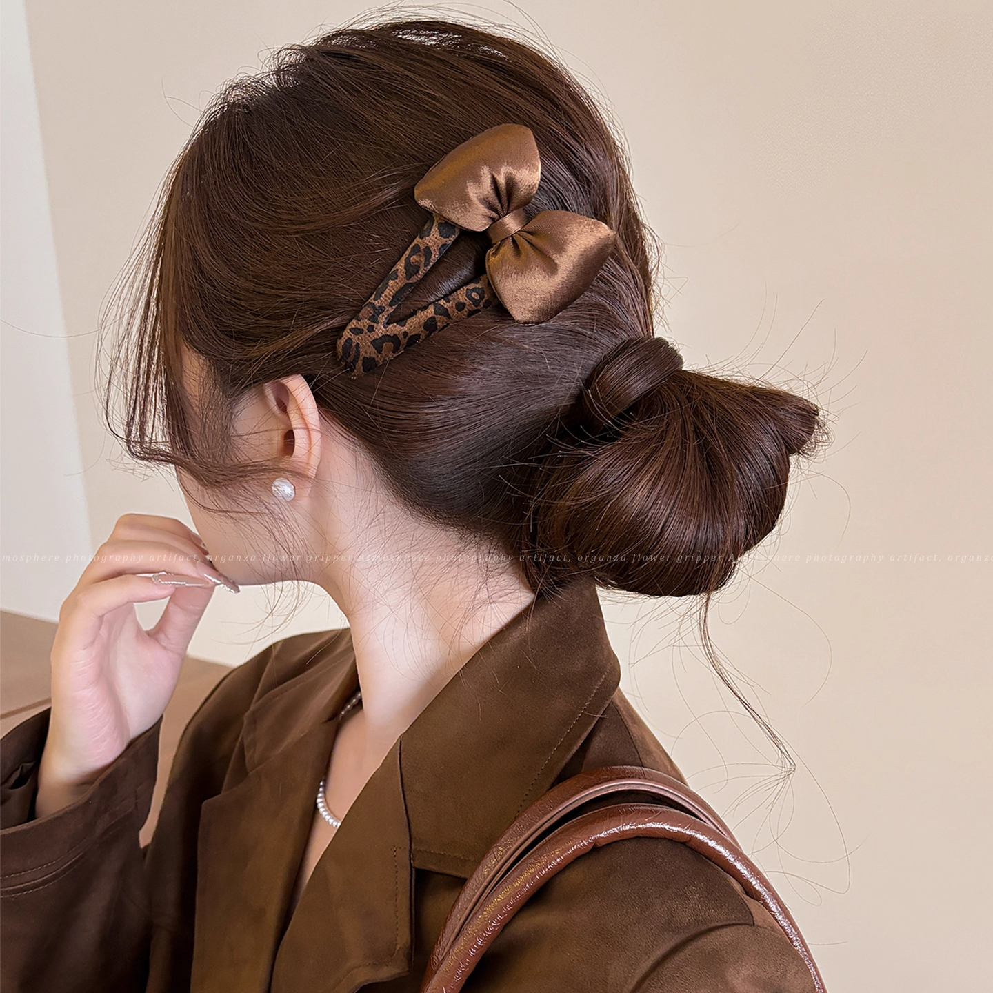 丝绒蝴蝶结豹纹发夹秋冬立体充棉刘海夹碎发侧边夹子高端一字夹子