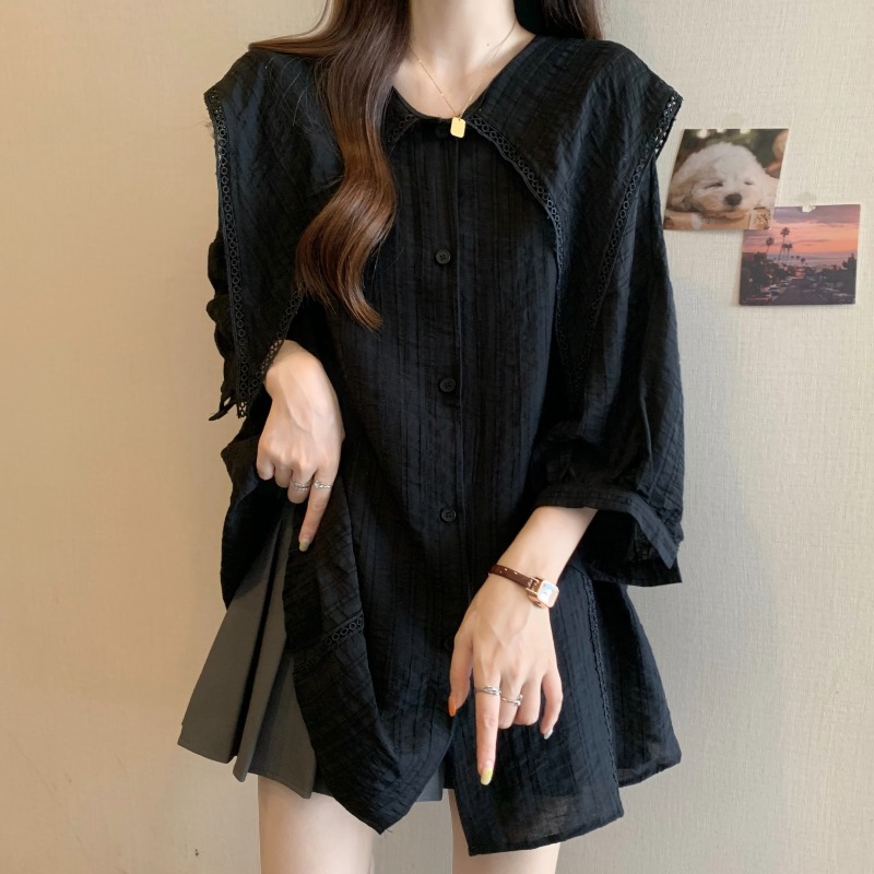大码娃娃领蕾丝花边七分袖衬衫女春夏微胖MM宽松显瘦百搭洋气上衣