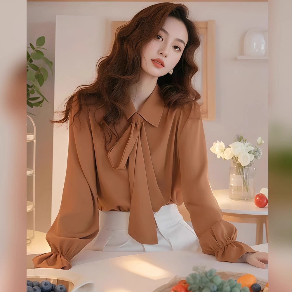 WD法式蝴蝶结翻领衬衫女 春夏季长袖薄款防晒衣气质宽松别致上衣