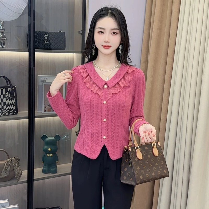 A8873时尚长袖磨毛蕾丝衬衫女新款百搭修身显瘦打底衫上衣