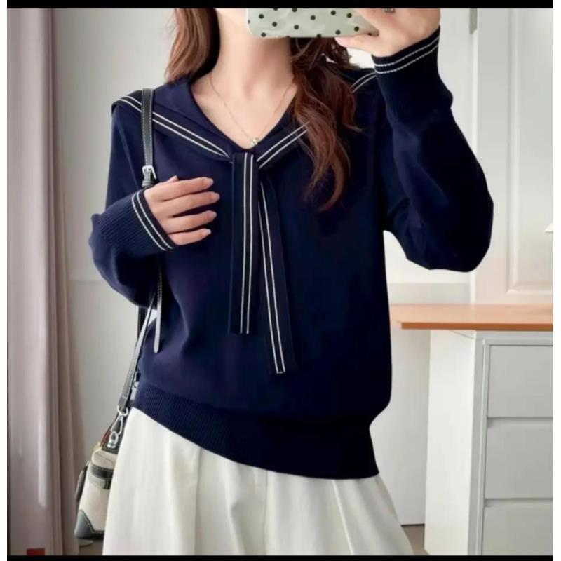 学院风海军领针织衫毛衣女秋冬设计感小众长袖打底衫短款宽松上衣