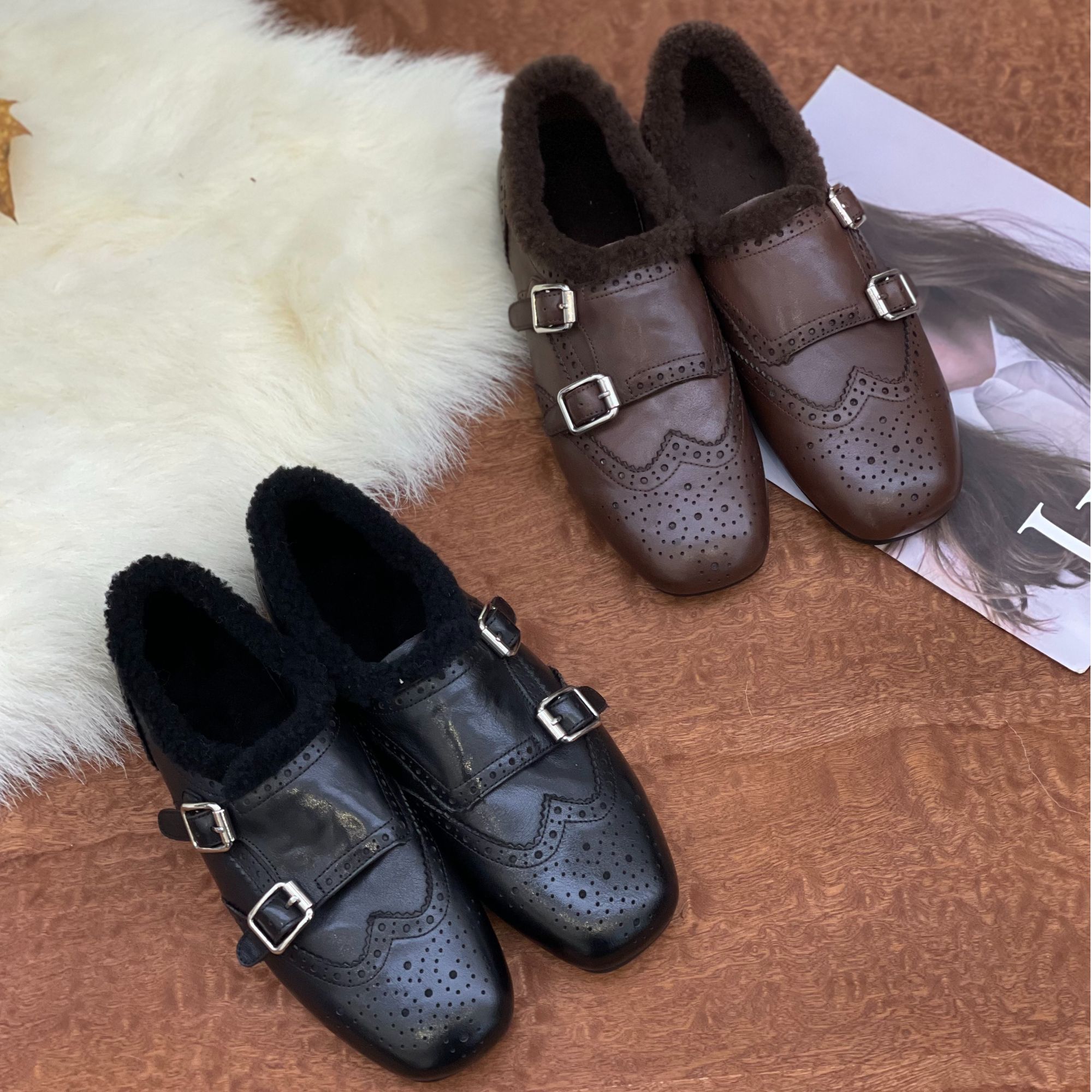 CHIBUBU【加绒双扣】头层小牛皮巴洛克复古英伦风金属扣乐福鞋皮鞋