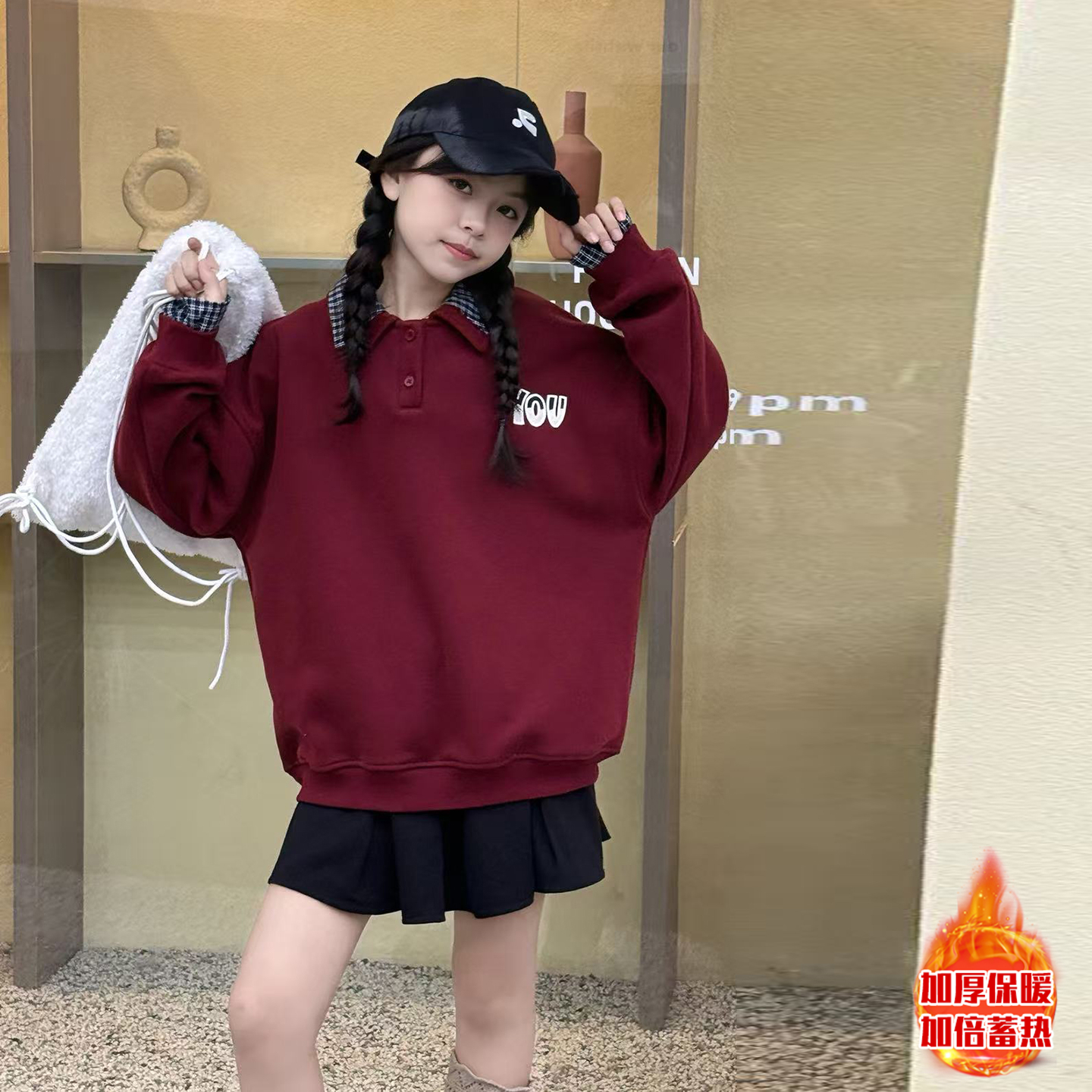 女童冬季格子翻领POLO打底加绒加厚卫衣6-12岁宽松保暖15初中生