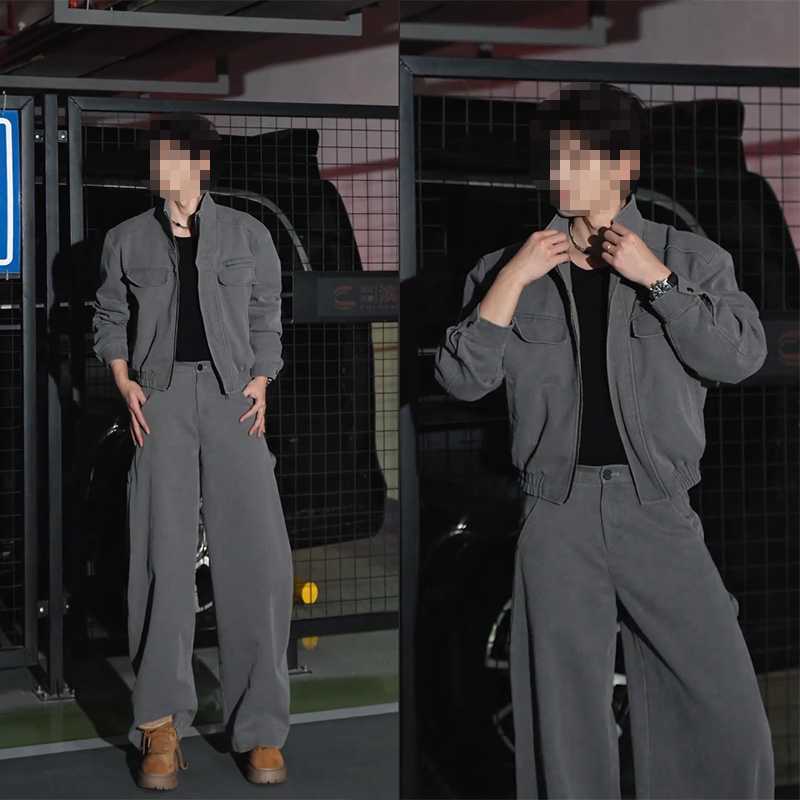 龙刀刀秋季小众潮流复古工装设计感百搭立领夹克宽松阔腿长裤套装