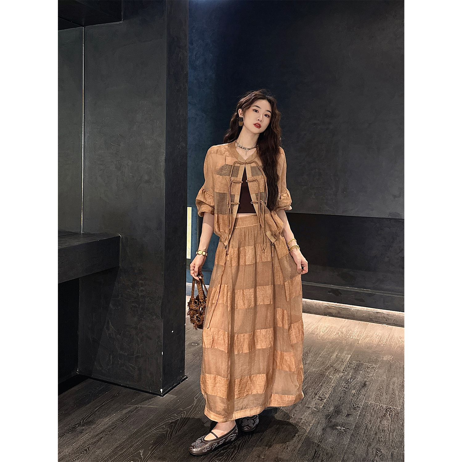 三吉黑花【应不染】夏日绝美巨好看桑蚕丝炒色网纱亚麻一整套超火