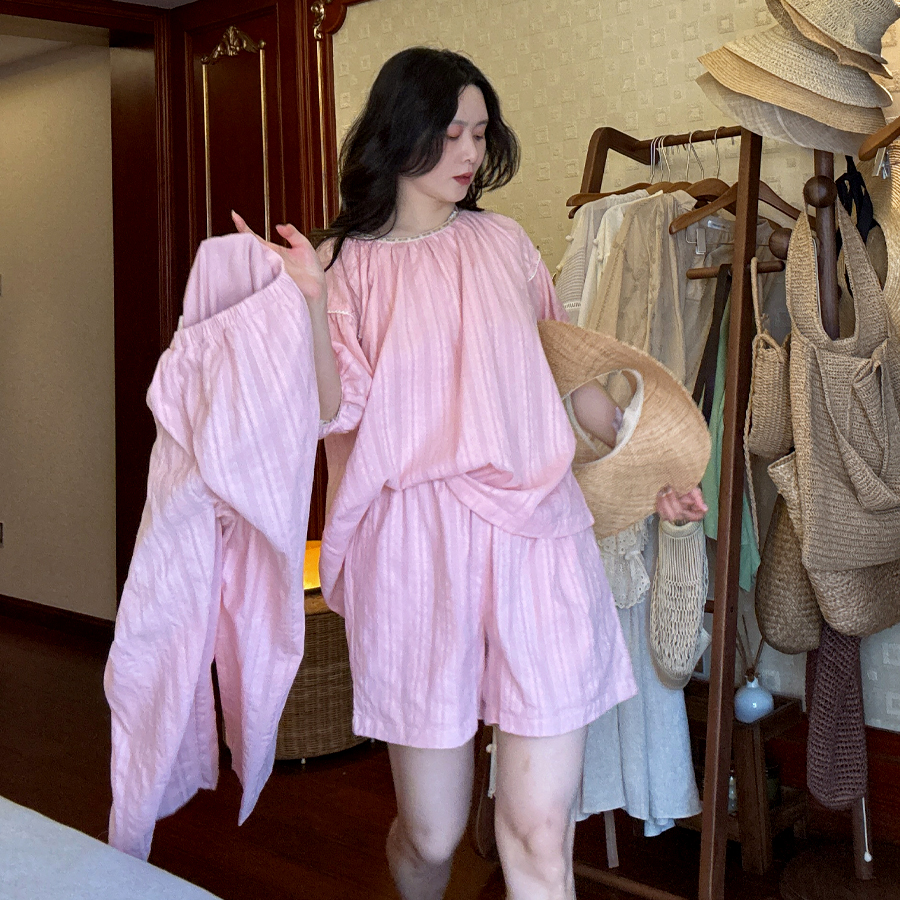 春夏季睡衣女士套装短袖短裤粉色刺绣梭织宽松法式复古大码家居服