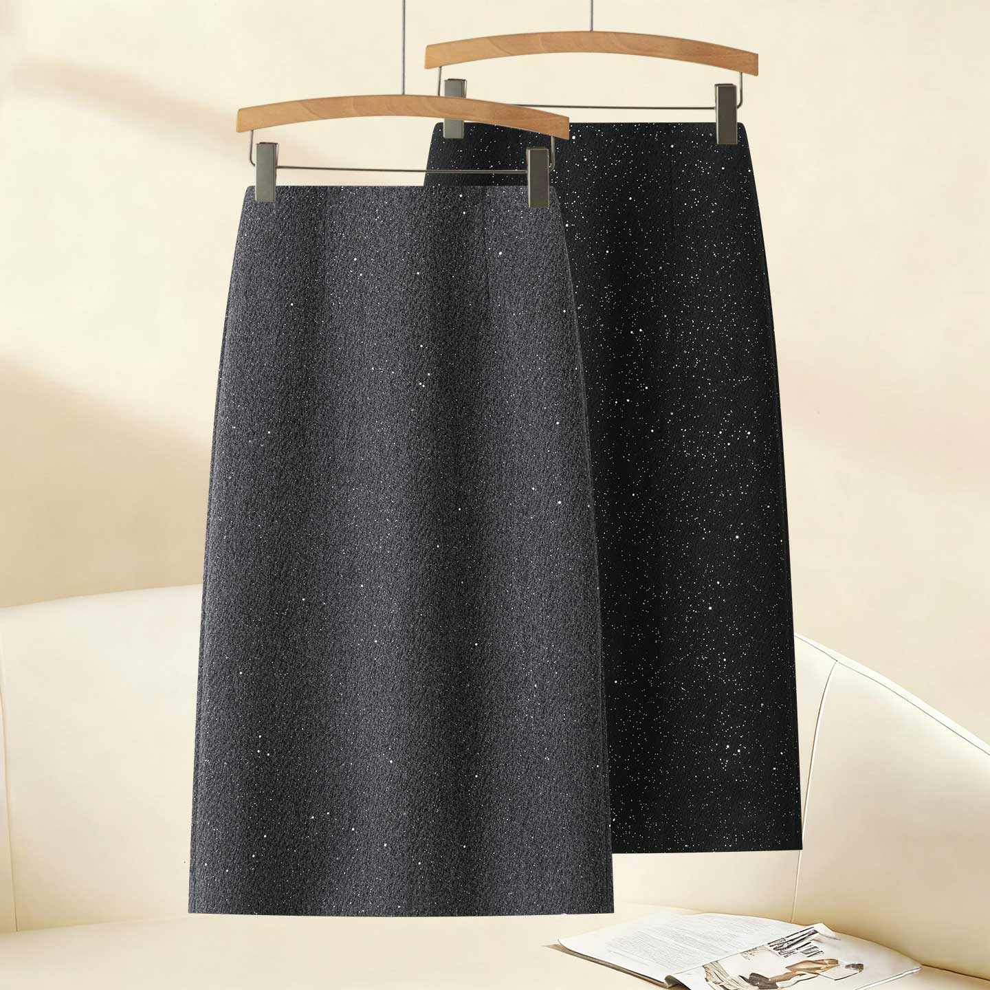 女士2025秋冬新款黑色亮片毛呢中长款高级感包臀直筒A字半身裙气