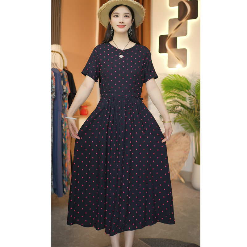 （藏青红点）中长款棉绸裙子夏季新款时尚短袖系带棉绸连衣裙