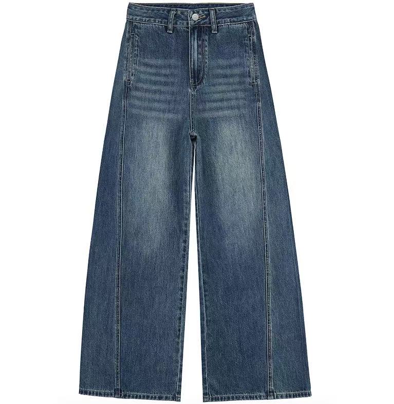 复古蓝扭骨拼接阔腿牛仔裤女2025秋季新款小众高街宽松垂感拖地裤