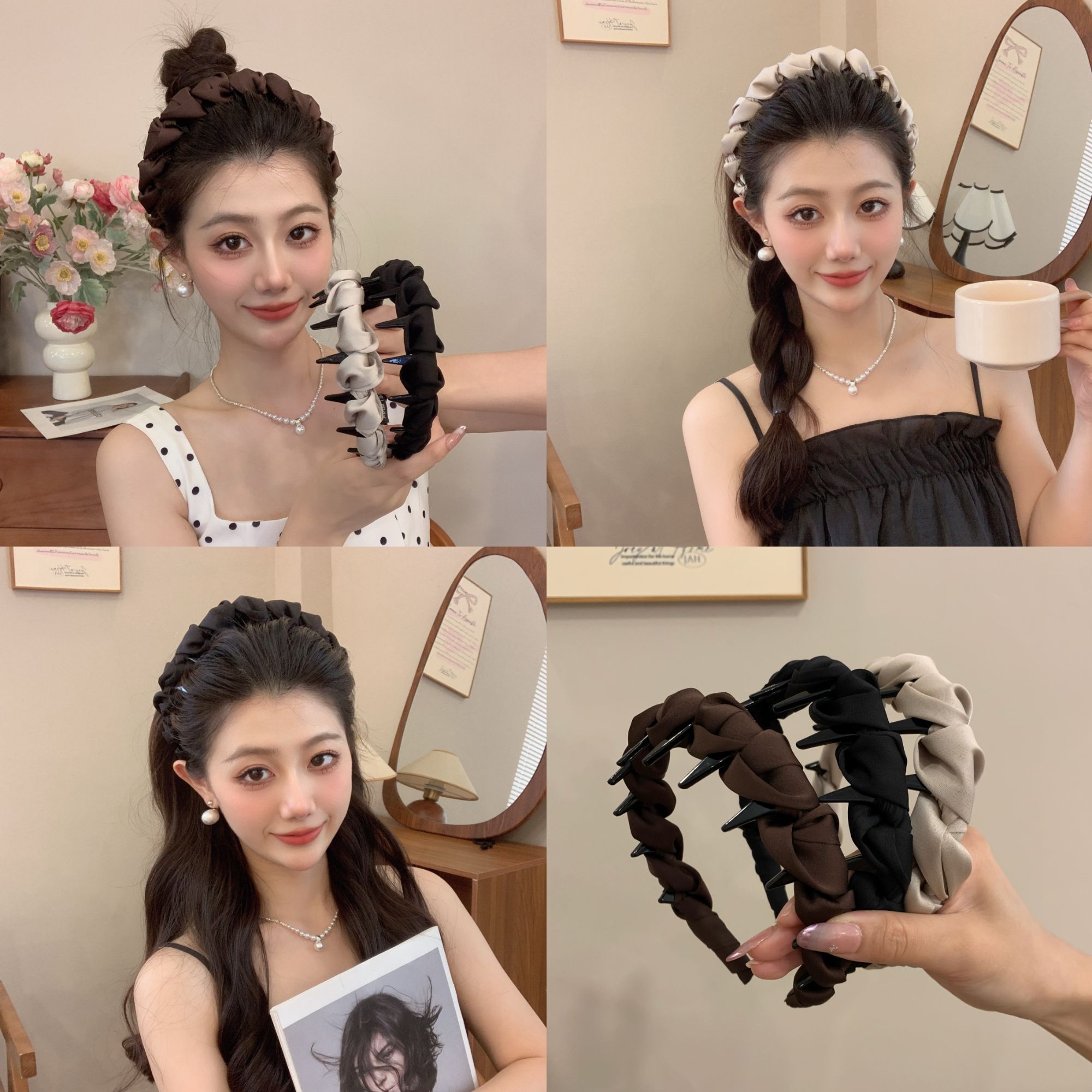 巨饱满~高级感缎面高颅顶发箍加厚布艺缠绕正反两戴齿梳发箍