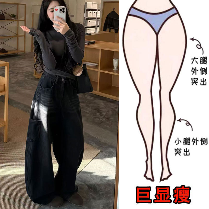 美式大口袋设计时尚宽松牛仔裤女早春新款高腰百搭显瘦遮胯阔腿裤