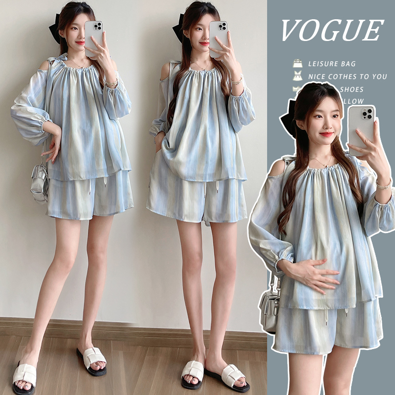2025年夏季新款防晒宽松露肩衬衫阔腿短裤孕妇套装外穿薄款甜美
