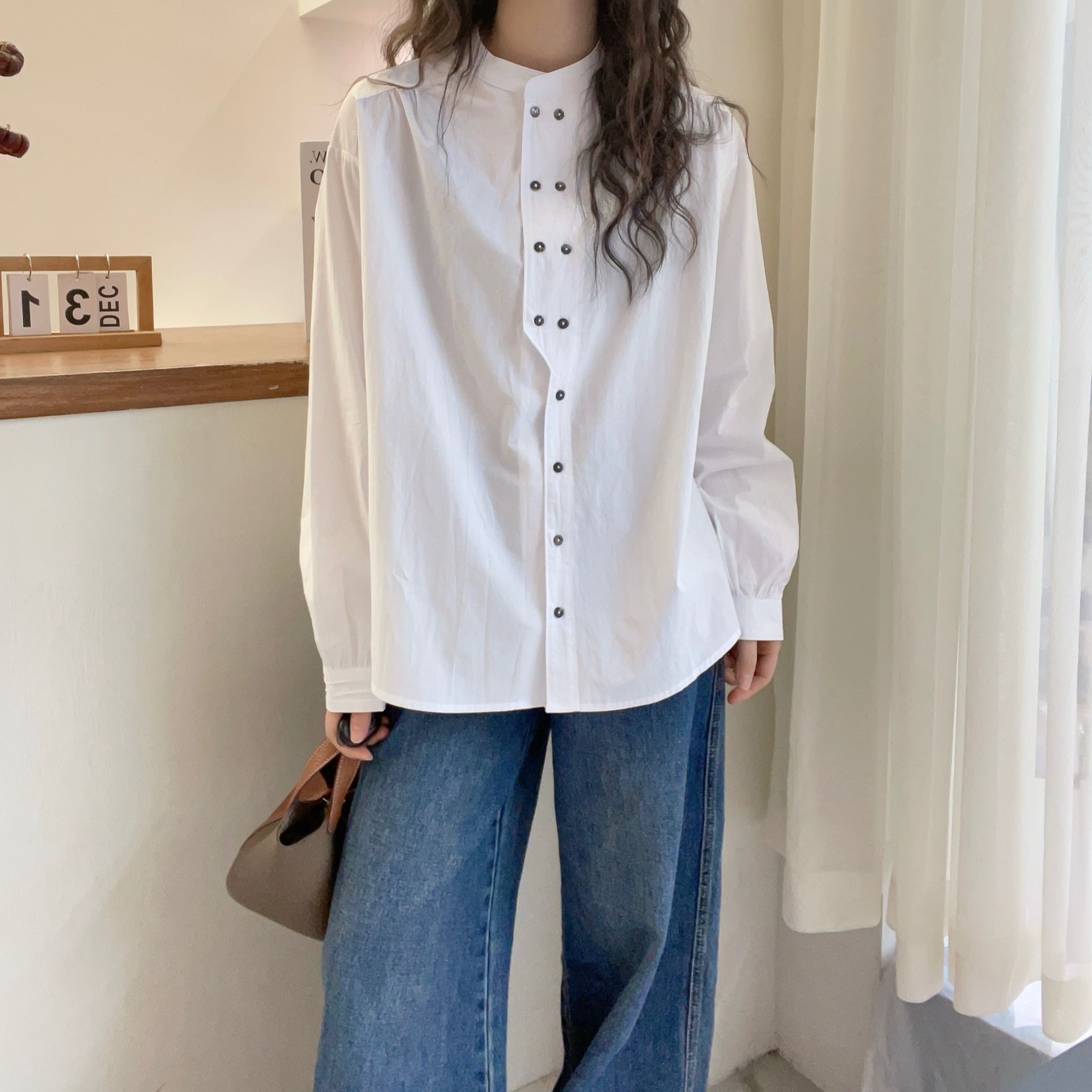 设计感立领休闲衬衫女2025早春新品欧洲站遮肚子洋气春游出行衣服