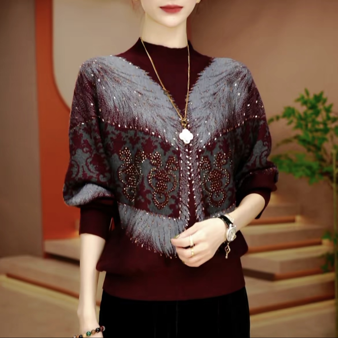 2025冬季潮款气质减龄洋气妈妈装大码针织毛衣高级感设计潮搭上衣