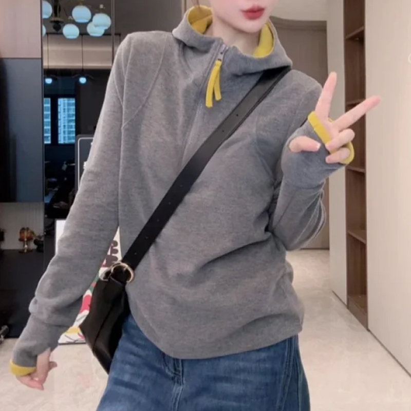 2025秋冬季新款磨毛保暖显瘦长袖卫衣女时尚半拉链连帽打底衫上衣
