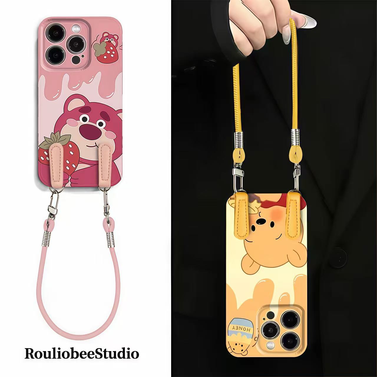 可爱维尼熊草莓熊挂绳适用iPhone苹果16手机壳华为vivo小米15oppo
