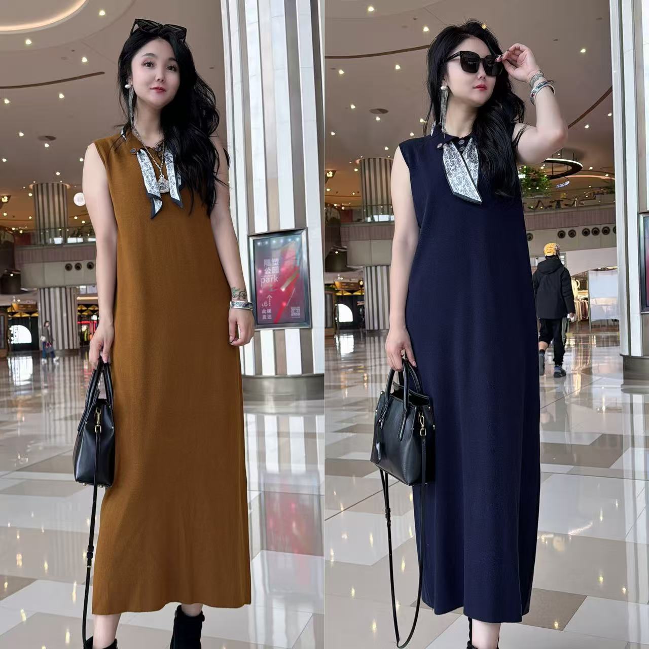 785翻领带丝巾连衣裙