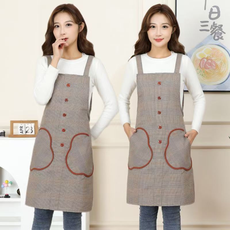 纽扣棉布格子背带围裙易清洗防污透气时尚可爱家用餐饮无袖工作服