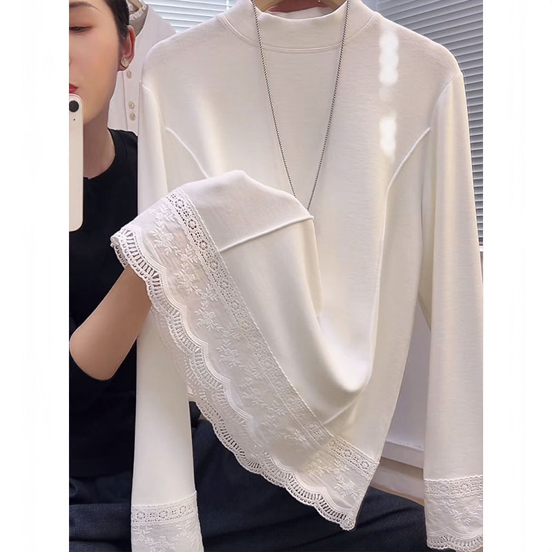 蕾丝拼接内搭打底衫2025秋冬新款双面德绒宽松t恤百搭白色上衣潮