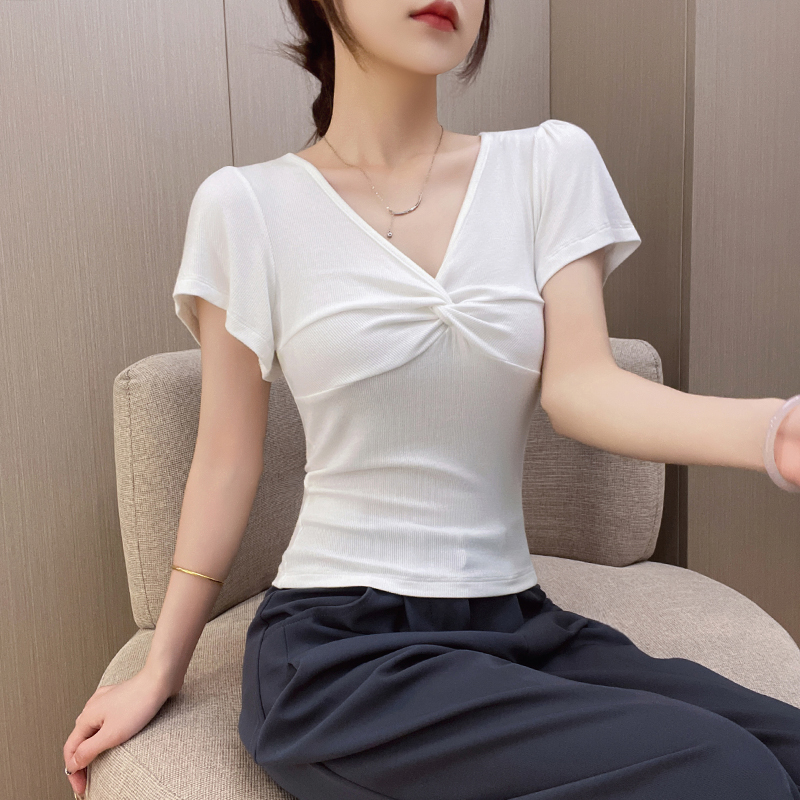 少女风白色螺纹V领宽松喇叭短袖T恤2025夏季新款修身时尚女装上衣