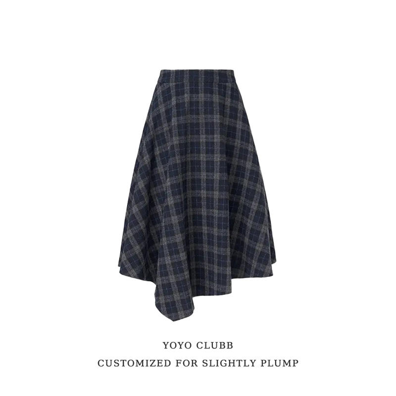 YOYO家“经典复古”混纺不规则磨毛格纹A字半裙